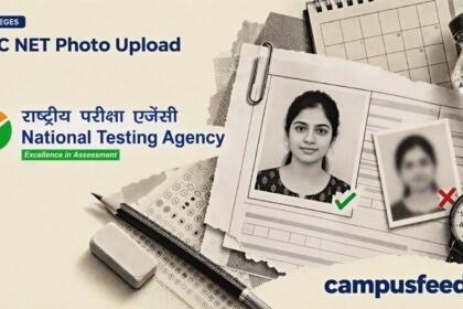 UGC NET photo upload illustration showing a halftone passport photograph, NTA emblem, application documents and photo size requirements for December 2026