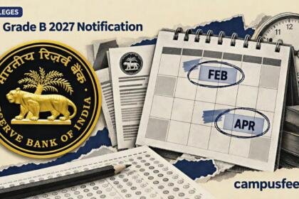 RBI Grade B 2027 notification editorial illustration featuring the Reserve Bank of India emblem, a halftone recruitment calendar and an April examination timeline