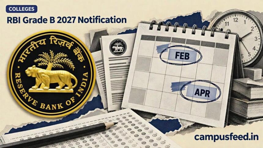 RBI Grade B 2027 notification editorial illustration featuring the Reserve Bank of India emblem, a halftone recruitment calendar and an April examination timeline