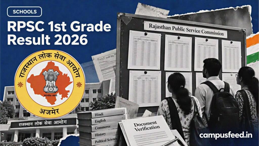 RPSC 1st Grade Result 2026 editorial collage featuring the Rajasthan Public Service Commission emblem, subject-wise shortlist notices and candidates awaiting document verification