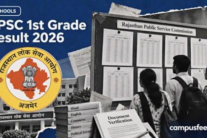 RPSC 1st Grade Result 2026 editorial collage featuring the Rajasthan Public Service Commission emblem, subject-wise shortlist notices and candidates awaiting document verification