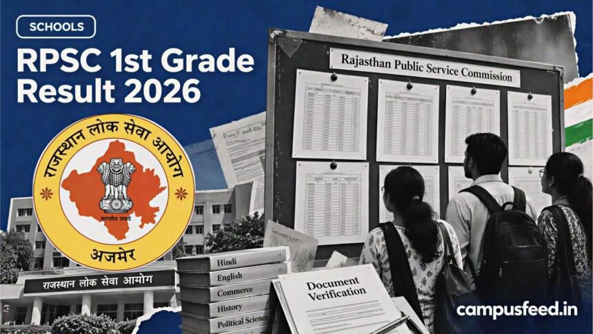 RPSC 1st Grade Result 2026 editorial collage featuring the Rajasthan Public Service Commission emblem, subject-wise shortlist notices and candidates awaiting document verification