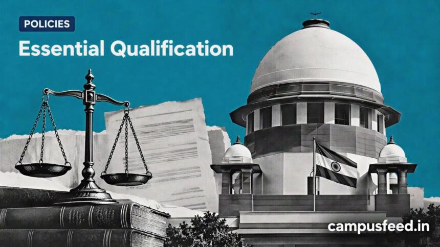 Supreme Court: Exam Marks Cannot Cure Essential Qualification 1 Supreme Court of India dome and legal documents illustrating the essential qualification ruling involving NIOS and government recruitment rules