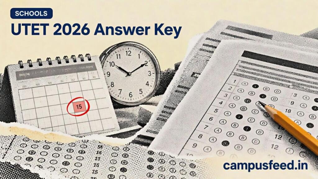 UBSE UTET 2026 answer key scene with provisional answer sheet, Uttarakhand board emblem and October objection deadline calendar