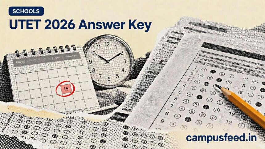 UBSE UTET 2026 answer key scene with provisional answer sheet, Uttarakhand board emblem and October objection deadline calendar