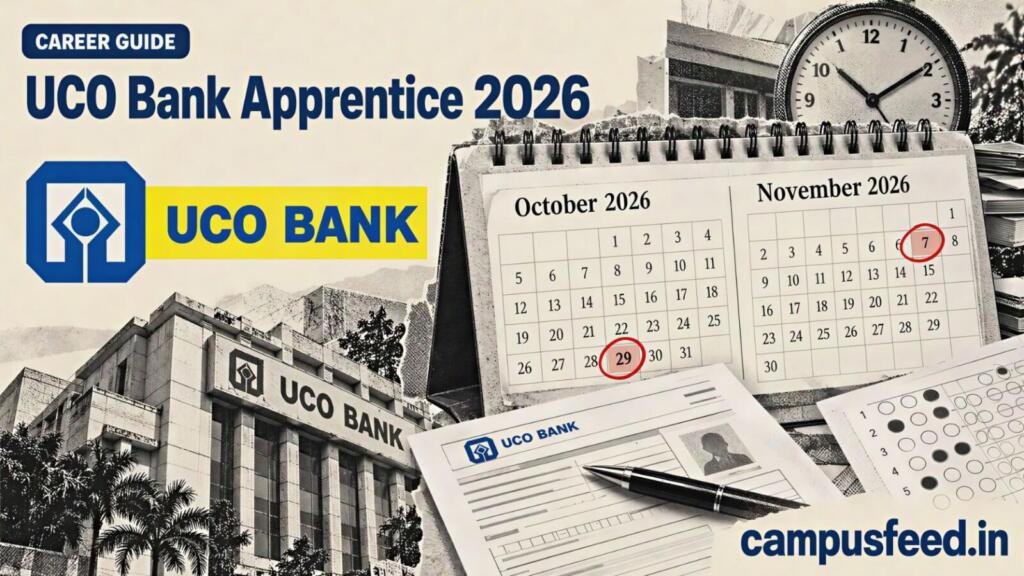 UCO Bank Apprentice 2026 recruitment illustration featuring an application deadline calendar, bank recruitment documents and examination materials for 530 apprenticeship seats