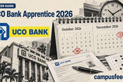 UCO Bank Apprentice 2026 recruitment illustration featuring an application deadline calendar, bank recruitment documents and examination materials for 530 apprenticeship seats