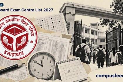 UP Board Exam Centre List 2027 editorial collage featuring a halftone examination centre entrance, official UPMSP emblem and school examination documents