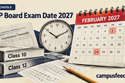 UP Board Exam Date 2027 editorial collage featuring a February calendar, examination timetable, school clock and answer sheets for Class 10 and 12 students