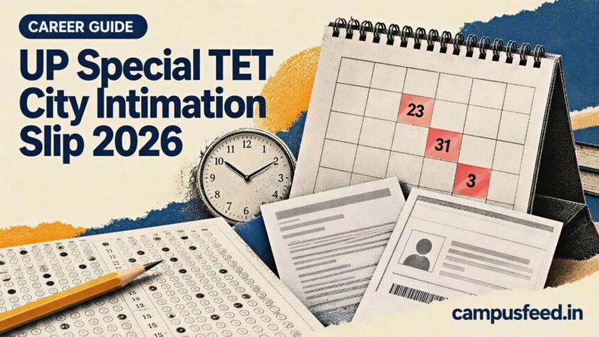 UP Special TET city intimation slip 2026 editorial collage featuring an exam calendar, official commission emblem and examination documents for November 3
