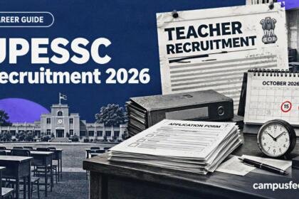 UPESSC recruitment 2026 illustrated with an official teacher recruitment notice, stacked application forms, classroom desks and a deadline calendar in halftone style