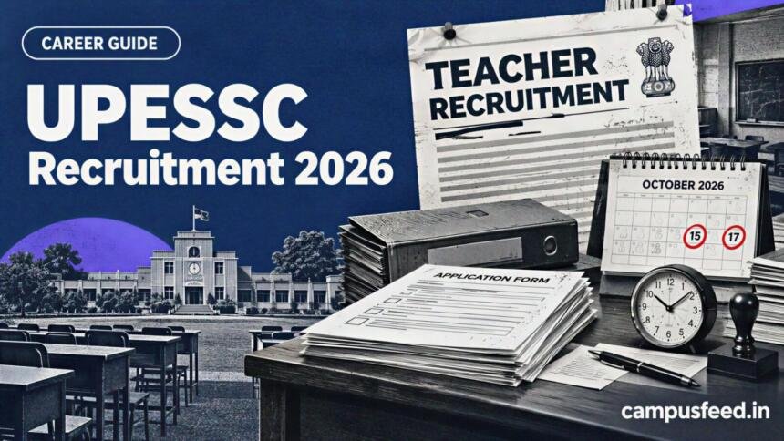 UPESSC recruitment 2026 illustrated with an official teacher recruitment notice, stacked application forms, classroom desks and a deadline calendar in halftone style