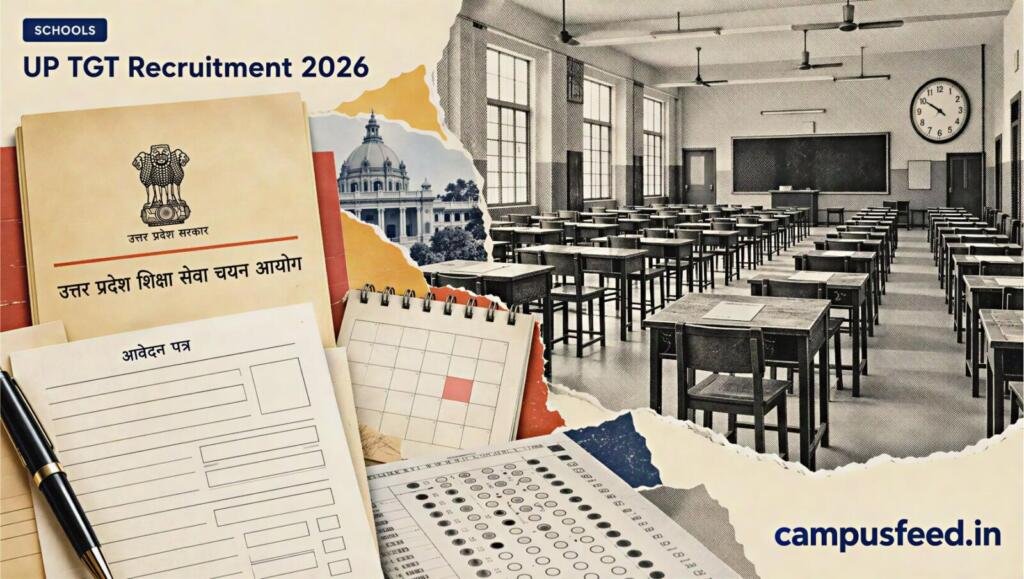 UP TGT recruitment 2026 illustrated with a halftone examination hall, teacher recruitment application documents, a calendar and the Uttar Pradesh education commission identity