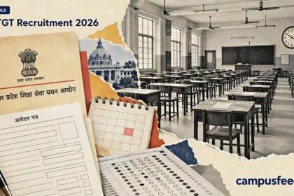 UP TGT recruitment 2026 illustrated with a halftone examination hall, teacher recruitment application documents, a calendar and the Uttar Pradesh education commission identity