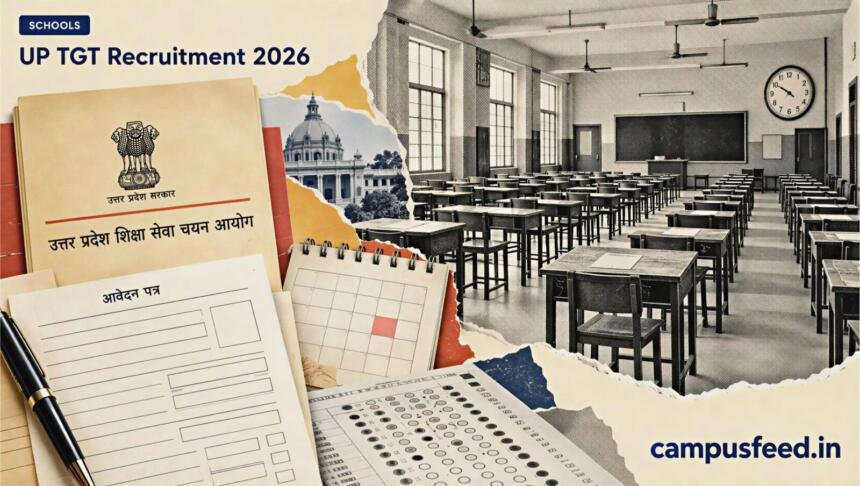 UP TGT recruitment 2026 illustrated with a halftone examination hall, teacher recruitment application documents, a calendar and the Uttar Pradesh education commission identity