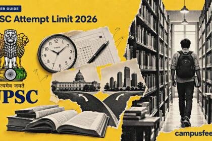 UPSC attempt limit 2026 career guide featuring the official UPSC emblem, a halftone library aisle, examination documents and branching career pathways