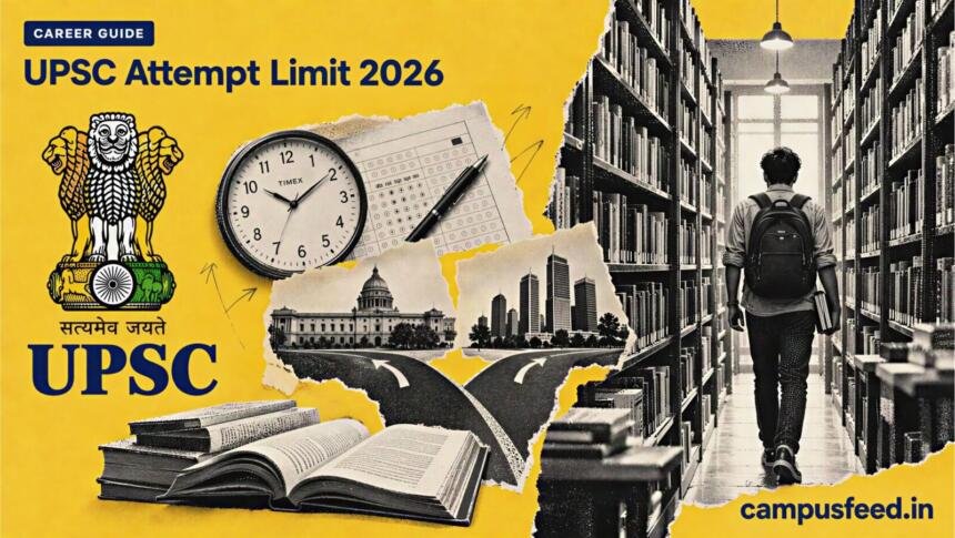 UPSC attempt limit 2026 career guide featuring the official UPSC emblem, a halftone library aisle, examination documents and branching career pathways
