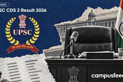UPSC CDS 2 Result 2026 editorial collage featuring the official UPSC emblem, an empty press conference podium, microphone and halftone result sheets