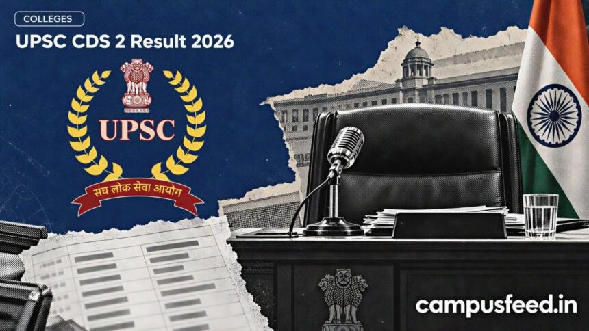 UPSC CDS 2 Result 2026 editorial collage featuring the official UPSC emblem, an empty press conference podium, microphone and halftone result sheets