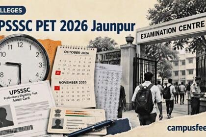 UPSSSC PET 2026 Jaunpur examination centre entrance with a halftone clock showing gate closing time and candidates' admit card documents