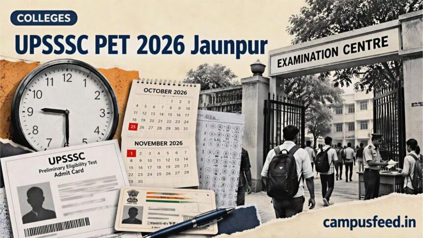 UPSSSC PET 2026 Jaunpur examination centre entrance with a halftone clock showing gate closing time and candidates' admit card documents