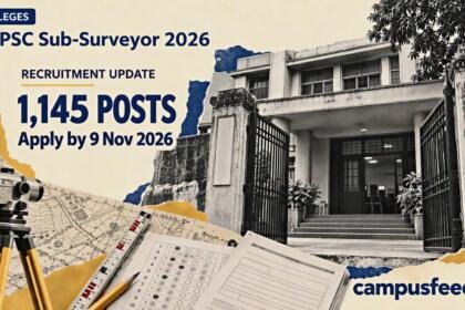 WBPSC Sub-Surveyor 2026 recruitment illustration featuring a halftone examination centre entrance, West Bengal Public Service Commission emblem and survey engineering documents