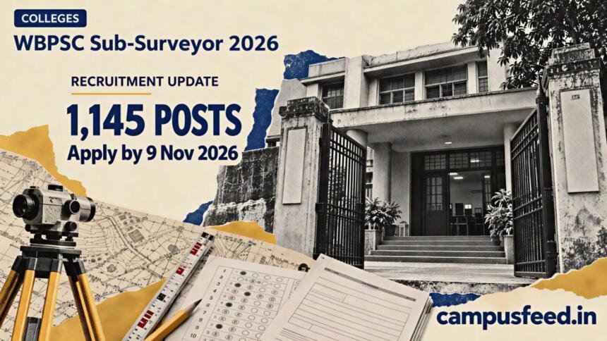 WBPSC Sub-Surveyor 2026 recruitment illustration featuring a halftone examination centre entrance, West Bengal Public Service Commission emblem and survey engineering documents